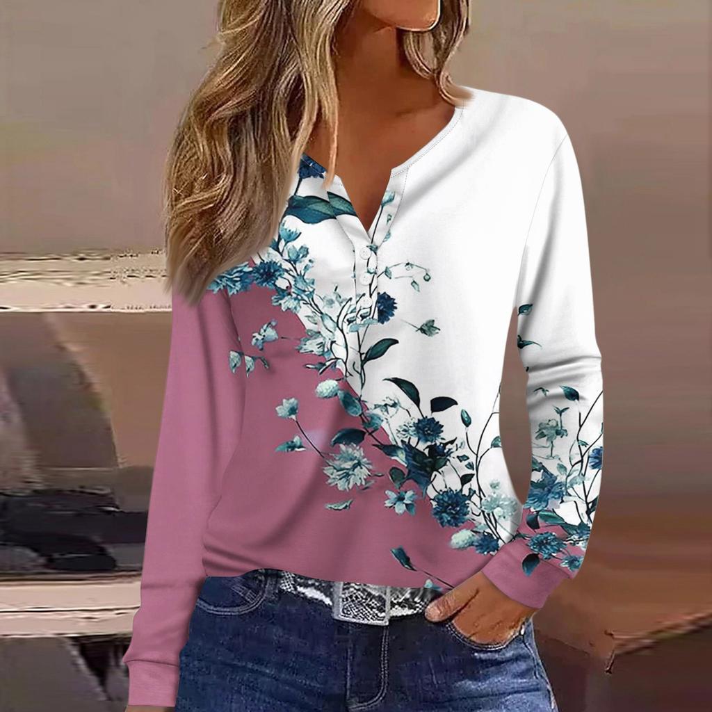 Dámské tričko Tričko Knoflíček Dlouhý rukáv Denní víkendová móda Basic Top s výstřihem do V