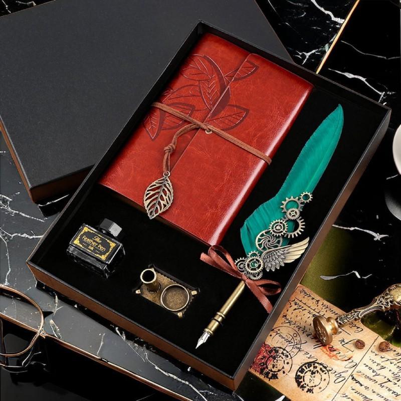 Vintage Feather Dip Pen Set With Notebook Creative Gift Students Teachers Business Use
