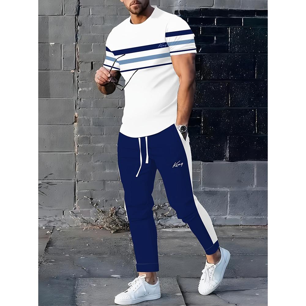Simple Crown Printed Casual Men's Thin Short-sleeved And Long Pants, Urban Street Casual Men's Thin Long Pants Set