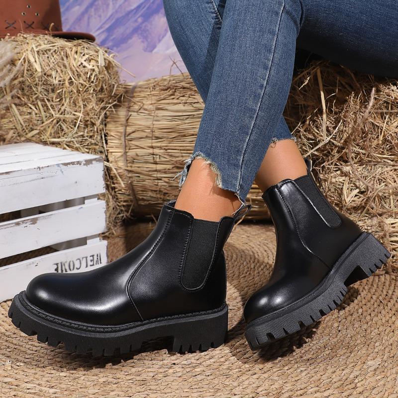 Winter New Thick Heel Cotton Boots Women's Fashion Round Head Sleeve Splicing Waterproof Anti-slip Wear-resistant Short Boots