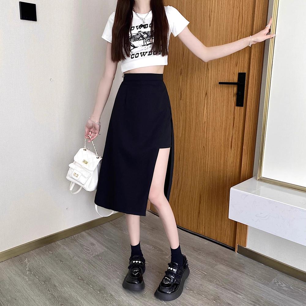 Gonna Nera Vita Alta Sui Fianchi con Spacco Irregolare per Donna Estate Lunghezza Media Linea A Harajuku Vintage Abbigliamento Donna