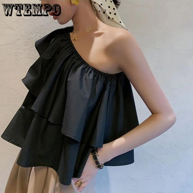 Sweet Off Shoulder Ruffled Top Women White Short T-shirt High Waist Navel Expose Sexy Desire Sleeveless Sloping Shoulder Summer