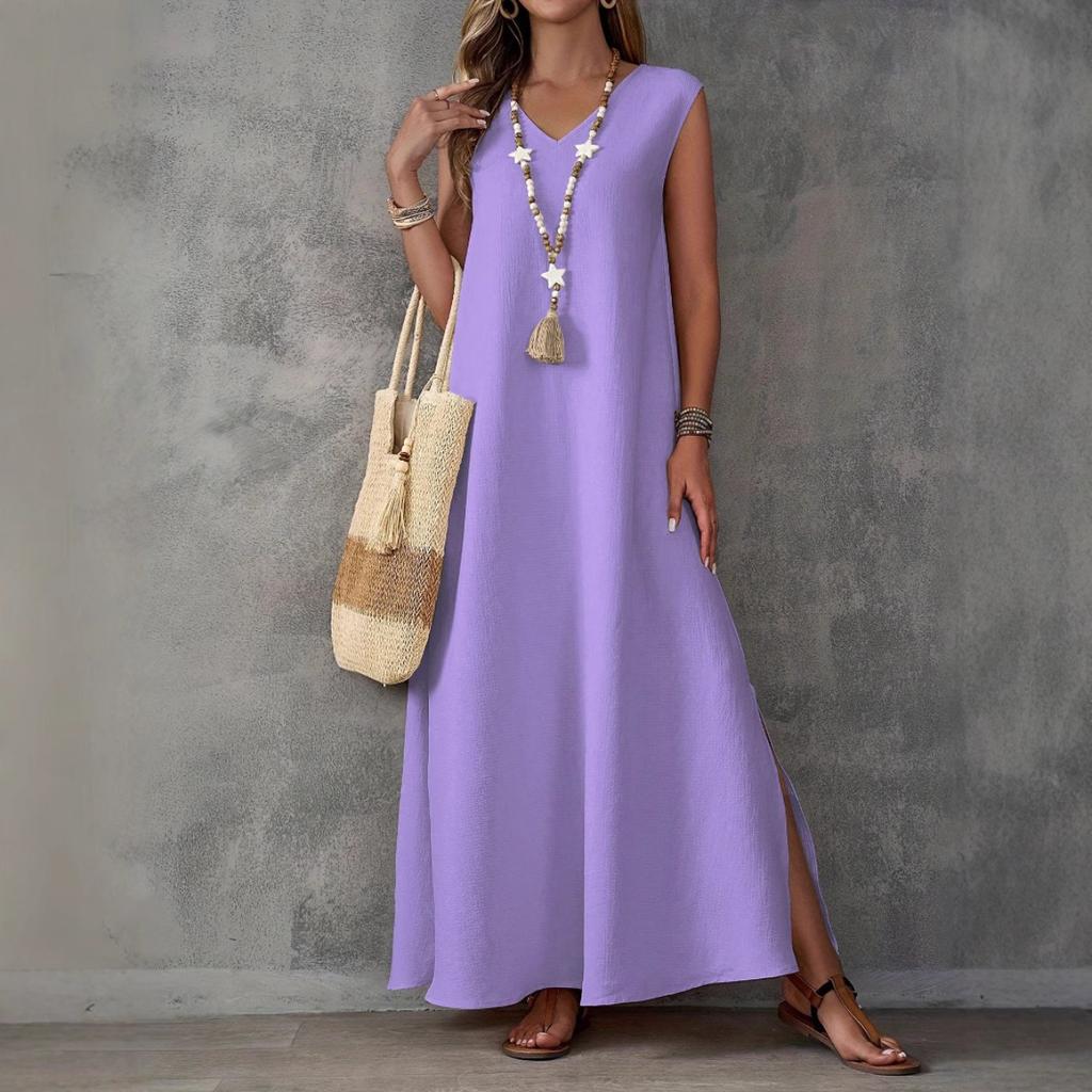 Summer Women's Elegant Long Dress, Sleeveless V Neck Side Slit Sundress, European American Style Casual Party Maxi Dress