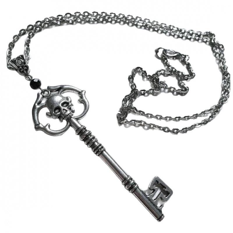 Gothic Antique Silver Skull Crystal Key Necklace - Hot Sale!