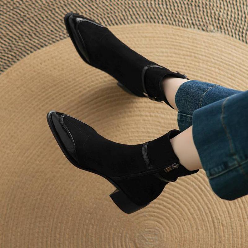 Korean version of comfortable side zipper pointed middle heel Martin boots solid color elastic suede autumn and winter square heel new medium boots