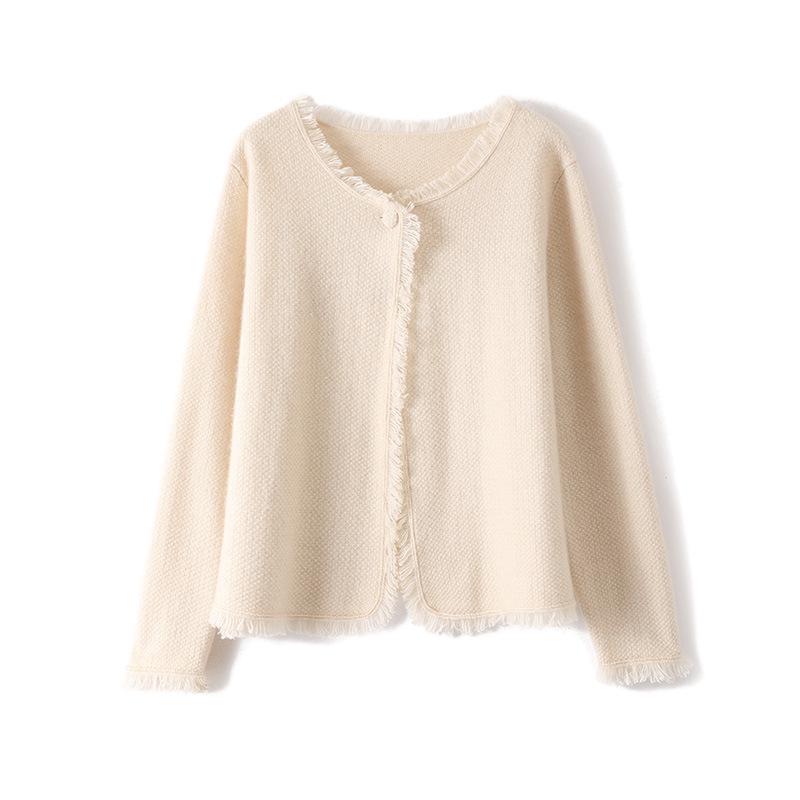 Women's Tassel Knit Wool Cardigan - Round Neck, Solid Color, Slimming Autumn/Winter Outerwear