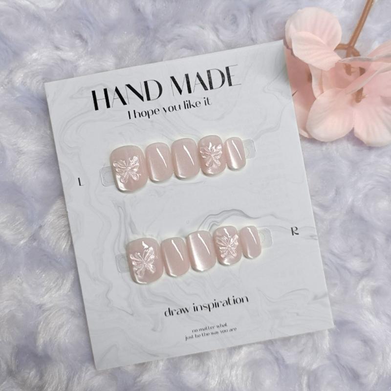 24 Pcs 3D Butterfly Press On Nail Cats Eye False Nail Glossy Acrylic Nail Elegant Full Cover Stick On Nail