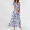 Dame Blomstret Chiffon Swingkjole Lang Kappe V-hals Kort Erme Midje Flytende Sommerkjole Mote