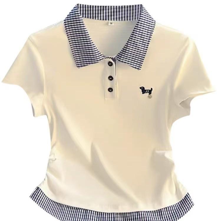 Camiseta de Manga Corta a Cuadros con Solapa para Mujer Talla Grande - Top de Moda Estilo Universitario Adelgazante Verano 2025