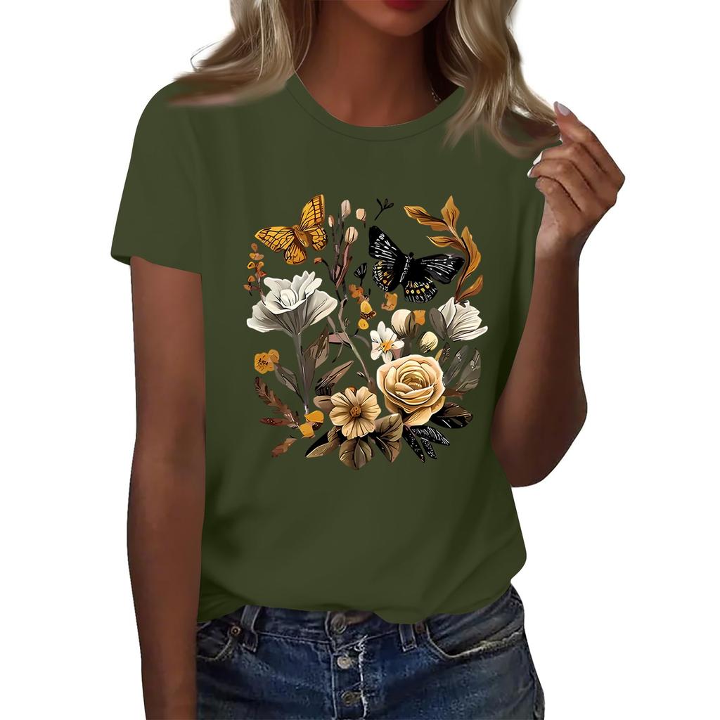 Ladies' Loose Comfortable Casual Fashionable Plant Flower Printed Round Neck Short Sleeved Shirt
