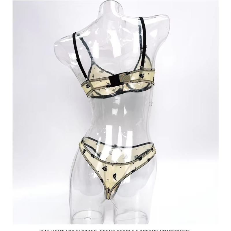 French Ultra Thin Women Underwear Set Sexy Flocking Push Up Bra Summer Ladies 6 Color Mesh Breathable Lingerie and Thong Sets