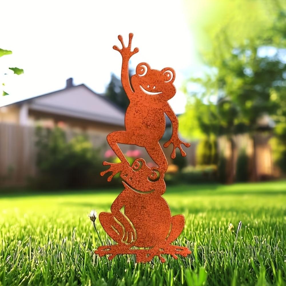 Vintage Rusty Iron Frog Garden Stake Stacked Metal Yard Art Country Outdoor Decor