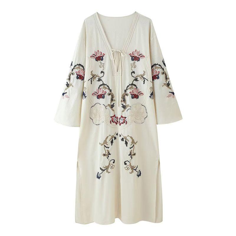 Kaslead New Women Clothes Western Style Fashion Simple Loose Flower Embroidery Dress 5107075