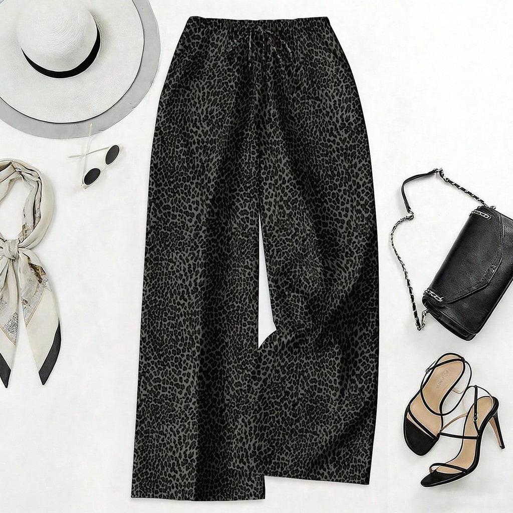 Women's Plus Size High Waist Leopard Print Wide Leg Pants - Summer Casual European American Style