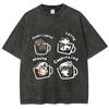 American Mocha Latte Cappuccino Coffee Cat Pattern Printed Cotton HipHop Washed T-Shirt For Men Women Neutral Loose ShortSleeve