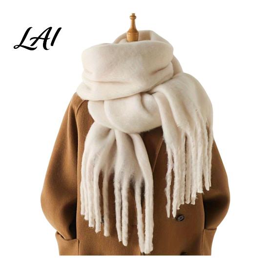 Oversized Cozy Winter Scarf Thickened Imitation Rabbit Velvet with Tassels for Women Solid Color Stylish Long Draped Neck Wrap Warm Shawl,