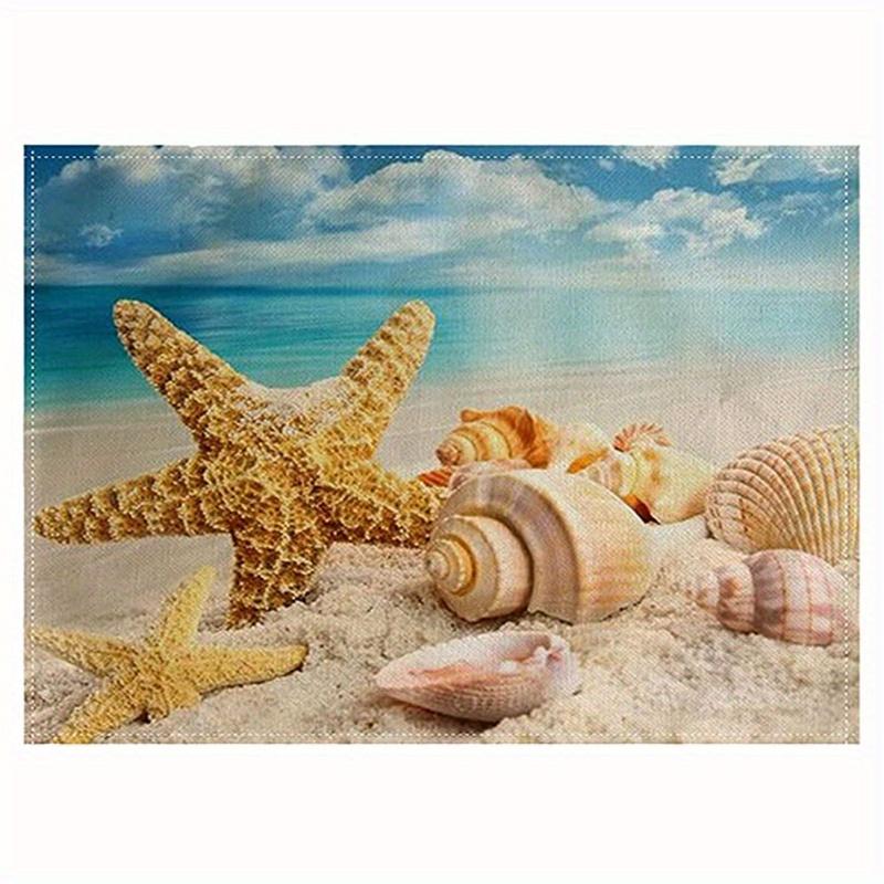 1pc Vintage Ocean Style Encrypted Linen Placemat, Summer Style Seahorse/Starfish/Seashell/Conch Table Mat, Tabletop Protection