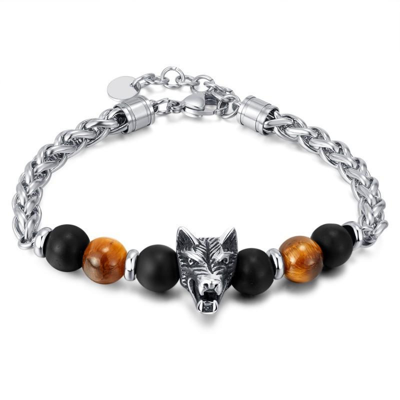 Cross Border Personalized Bracelet Men s Stainless Steel Retro Dominance Wolf Head Splicing Tiger Eye Stone Titanium Jewelry