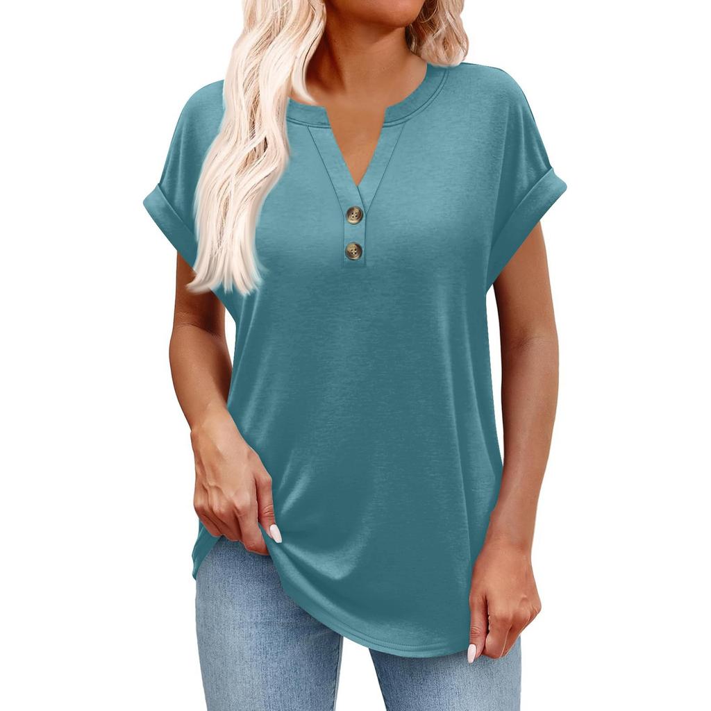 Women's Fashionable Casual Short-sleeved V-neck Button Printed Pullover Top