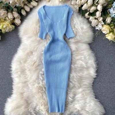 Nové Letní Pletené Nové Sexy Krátké Šaty Dámské Výstřih do V Krátký Rukáv Elastický Pas Bodycon Letní šaty Dámské Plážové Mini šaty