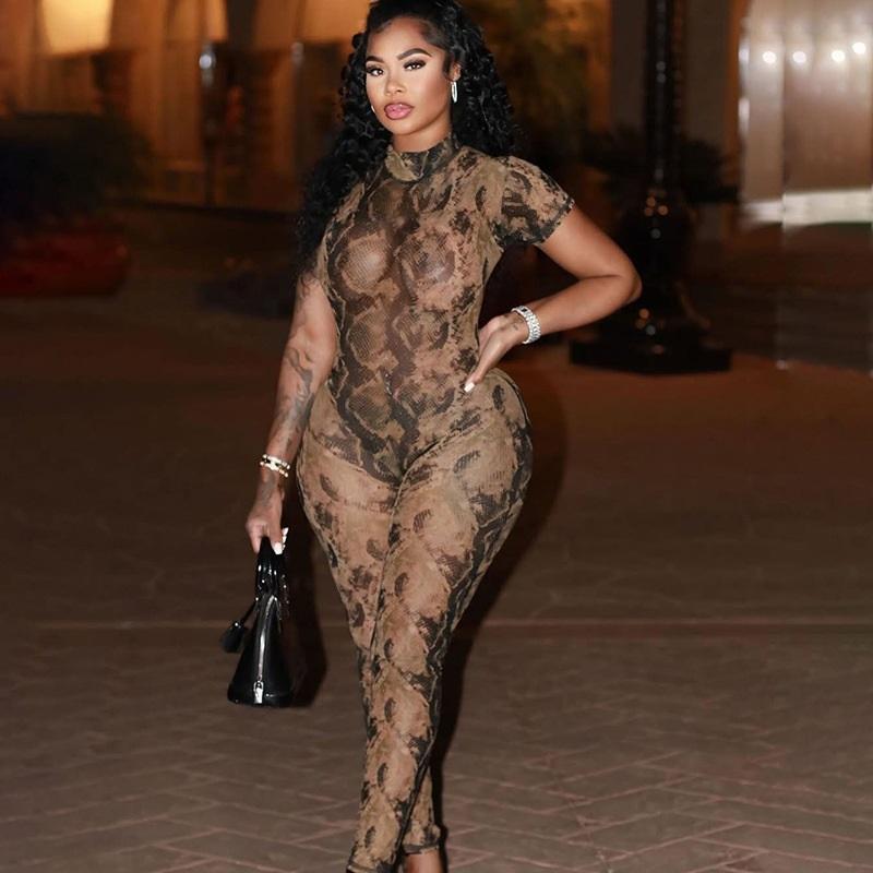 Tuta Sexy da Donna alla Moda con Schiena Scoperta, Stampa a Fantasia, Tessuto a Rete Trasparente, Elegante Abito per Feste e Serate, Outfit Stiloso, Comodo e di Tendenza