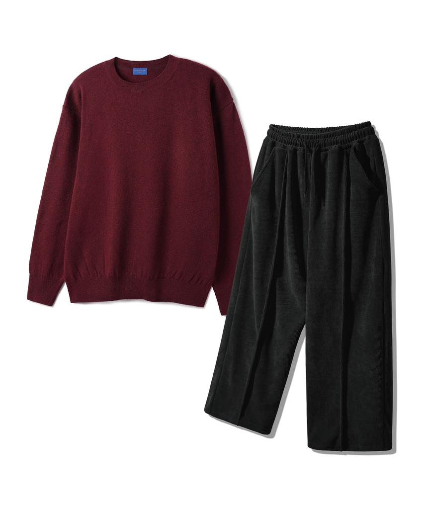 ALVINCLO [Set] Basic Round Knit Pintuck Wide Elastic Pants Set
