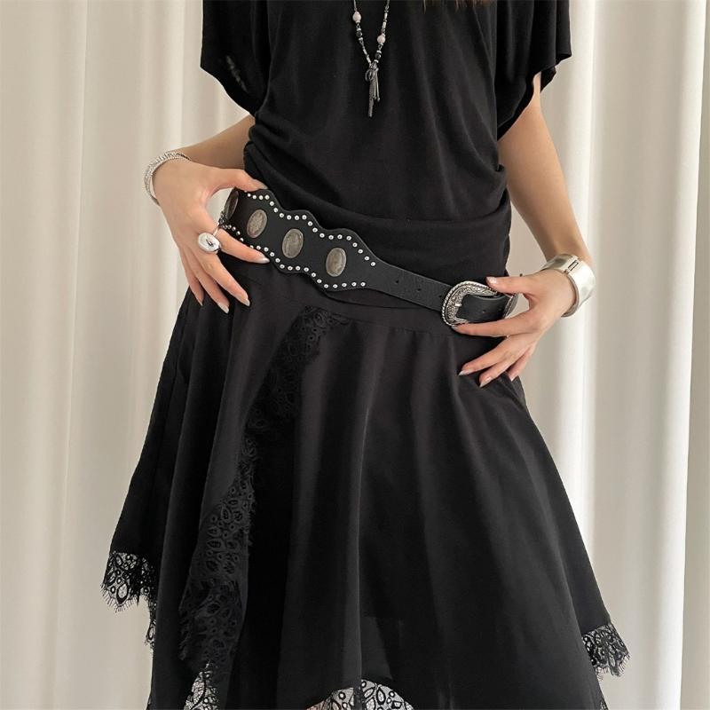 Unique Charm Wide Waist Sash PU Leather Waist Belt with Irregular Studs Feature Adjustable Waistband for Women