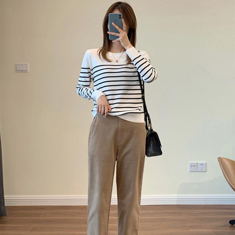 Women's Black & White Striped Korean-Style Sweater 2025 - Long Sleeve Knit Pullover for Autumn/Winter