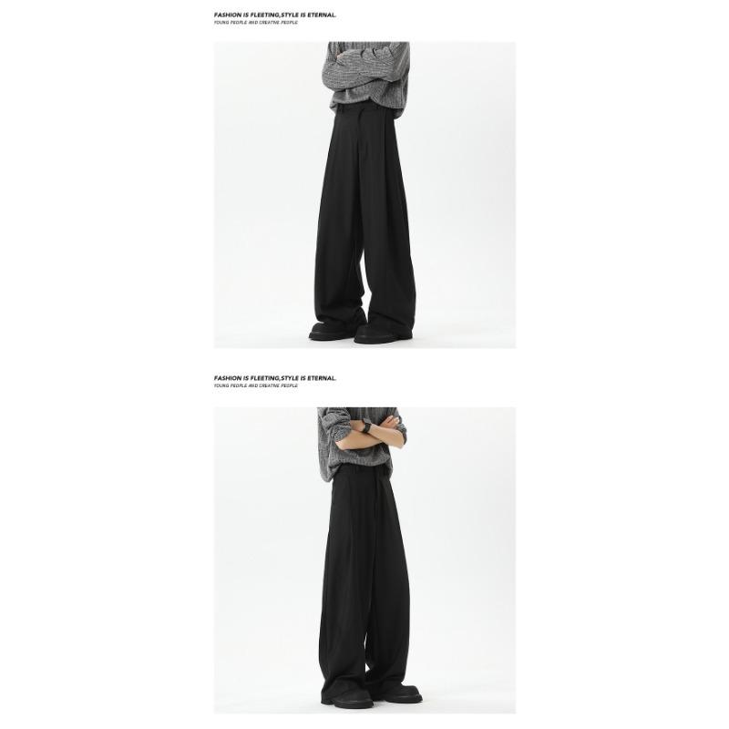 Men Black Pleated Loose Wide Leg Straight Casual Suit Pants