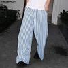 INCERUN Men Drawstring Elastic Waist Casual Striped Long Wide Legs Pants Trousers
