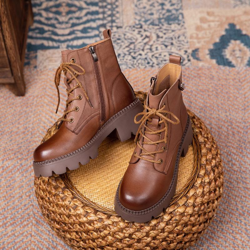 

Женские кожаные ботинки из коровьей кожи первого слоя, осенние новые ботильоны на плоской подошве, ретро ботинки Мартина с круглым носком, женские ботинки на задней молнии, женские 40