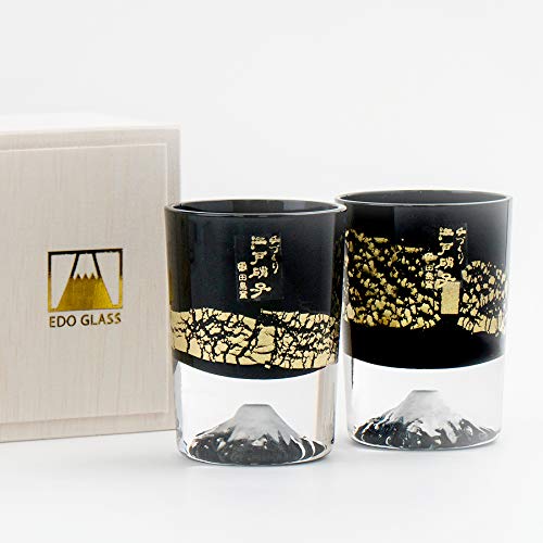 Fuji Glass Tajima Glass Gold Leaf Fuji Cold Sake Cup Black Pair Set of 2 Edo Glass Kiriko Day Day 60th Birthday Celebration Gift Present Fuji Whiskey