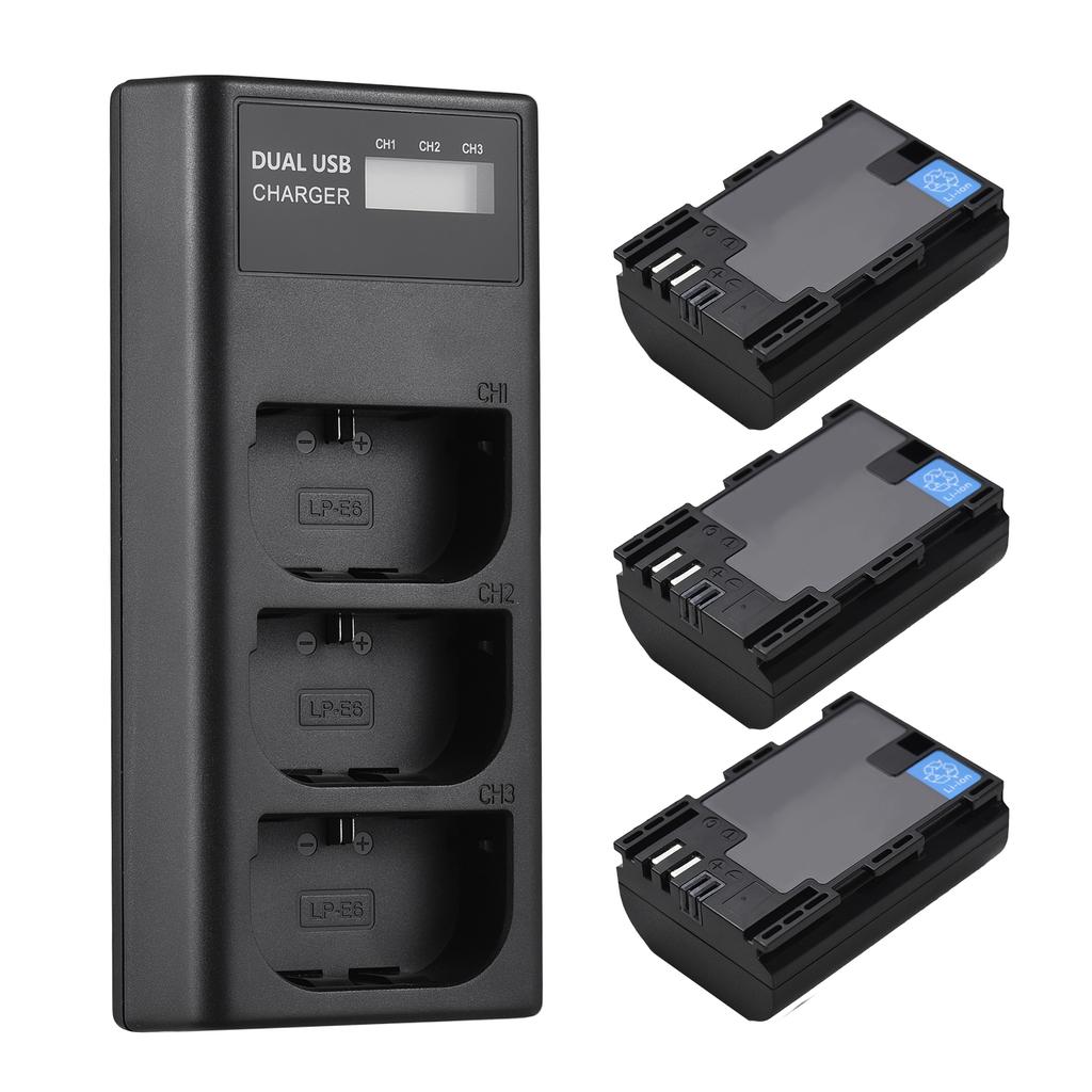 LP E6 Battery Charger 3 Slot Charger with LED Indicators Micro USB & Type C Port + 3pcs LP E6 Batteries 7.4V 2650mAh