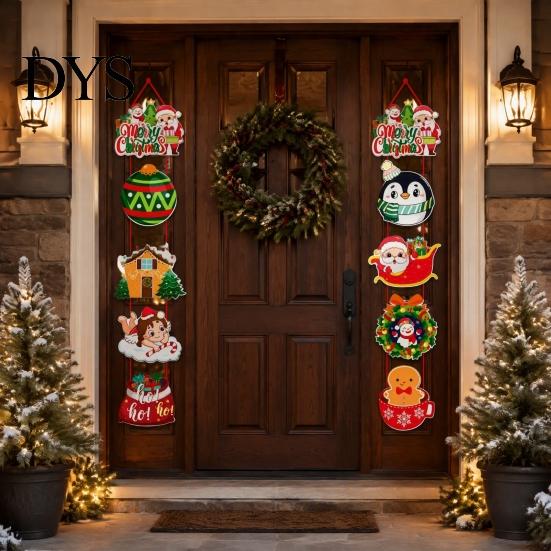 Festive Door Embellishment 1 Pair Christmas Hanging Banner Porch Sign, Merry Snowman Santa Claus Decor Penguin Pattern Backdrop for Front Door,