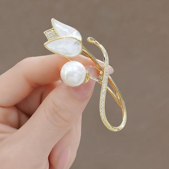 Broșă pentru femei, perle artificiale, cu stras, în formă de lalea, inoxidabil, anti-alunecare, rezistentă la uzură, guler, pălărie, decorare eșarfă