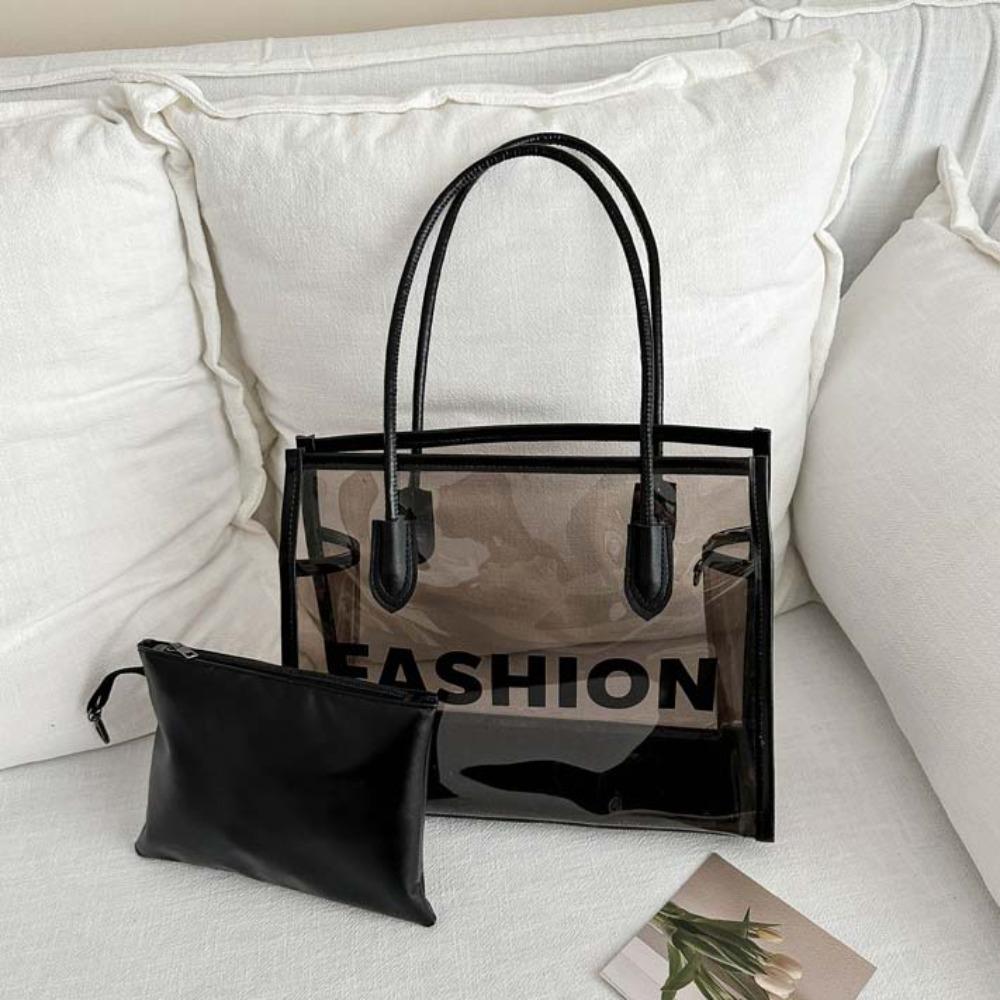 2pcs/set Fashion Transparent Jelly Bag PU Leather PVC Composite Tote Bags Clear PVC Handbag Party