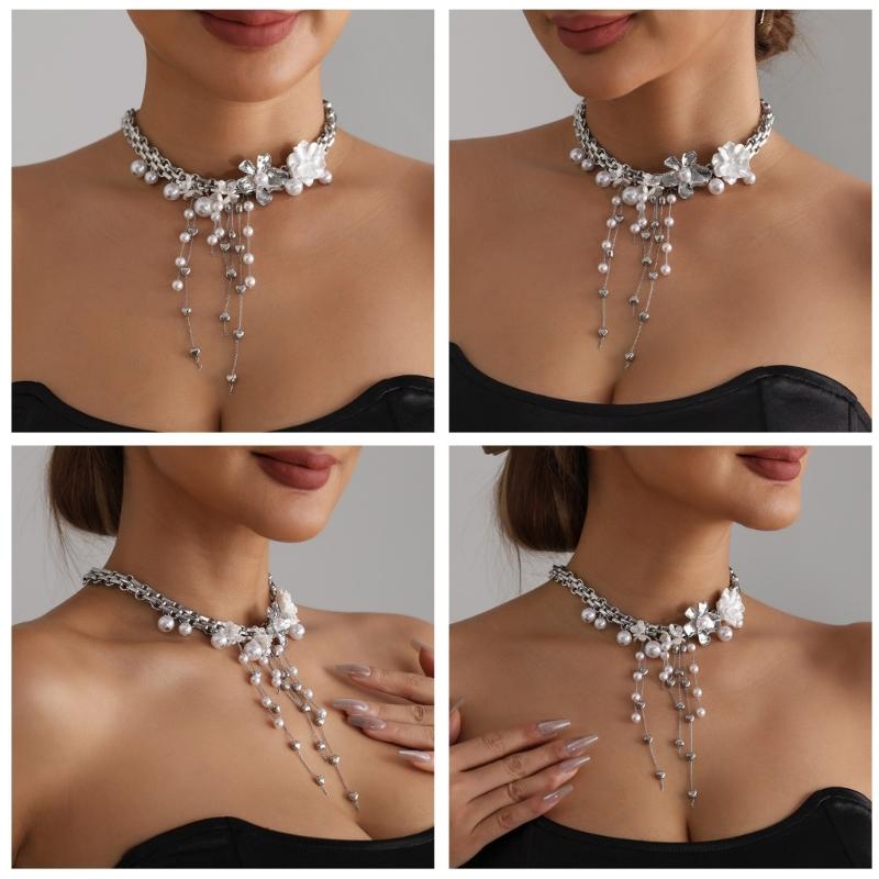 Elegant Flower Design Necklace With Dangling Beaded Tassels Adjustable Length Romance Pearls Accessory