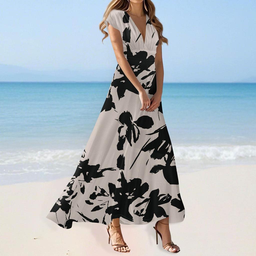 Maxi Abito Da Donna Vita Alta Scollo A V Profondo Abiti Stampati Abito Estivo Svasato Da Spiaggia Abiti Estivi Retrò
