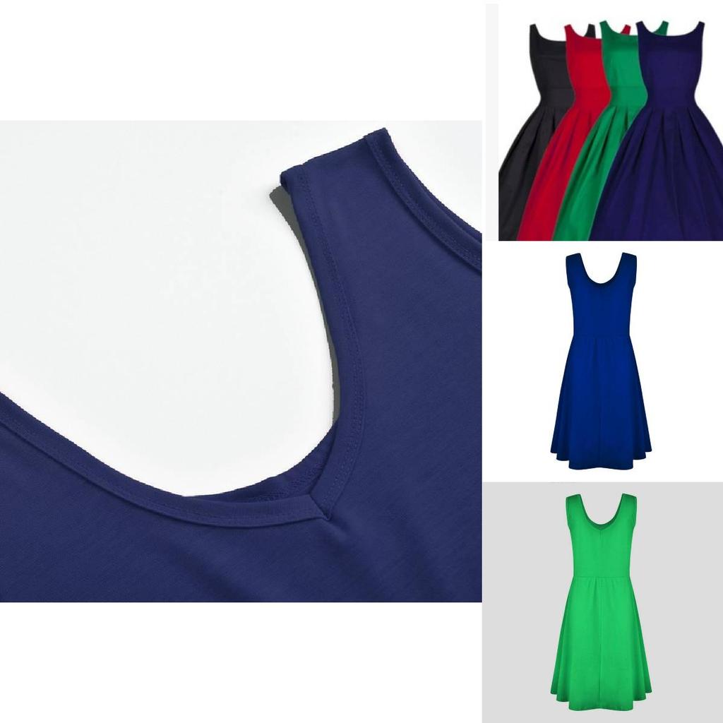 Patchwork Cotton Blend Sleeveless Dress Round Neck Flared Hem For Beach Parties