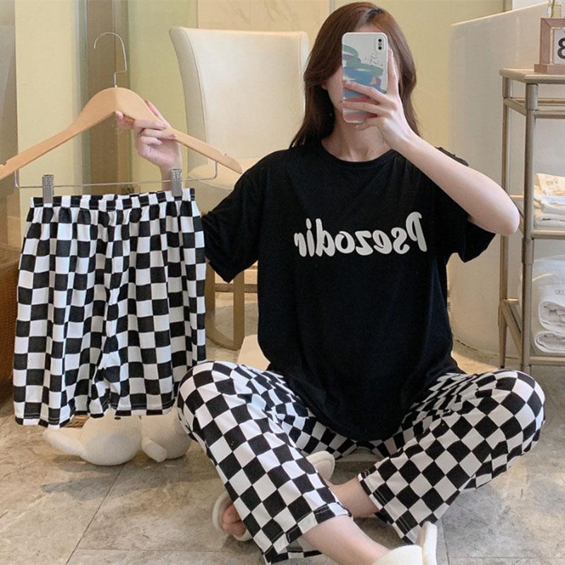 3PCS/Set Sexy Nightwear Women Letters Plaid Print Silk Pajamas Girl Sleepwear Round Neck Loungewear Ladies Casual Soft Home Wear