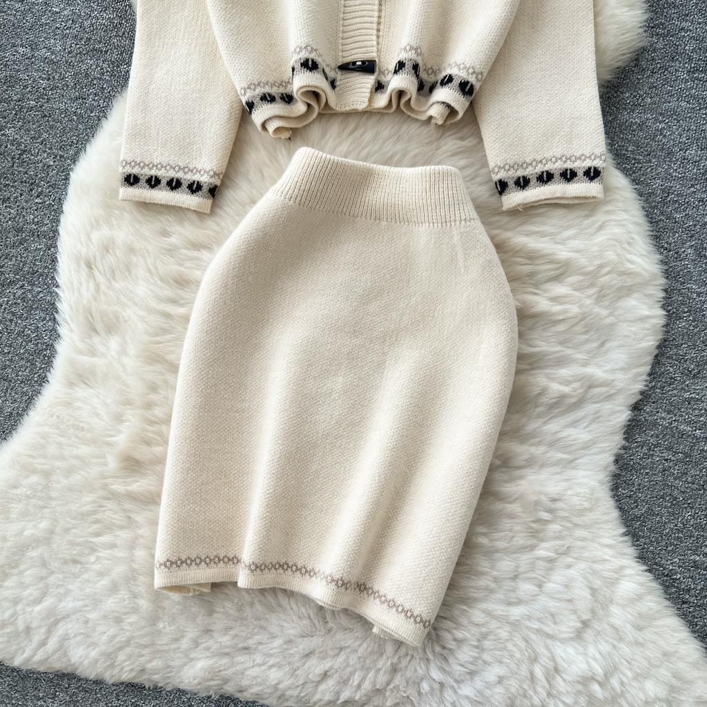 Autumn Winter Women Sweet Print Knitted Sweater Two Piece Set Single Breasted Cardigans Jacket and Mini Short Sheath Skirt Suit
