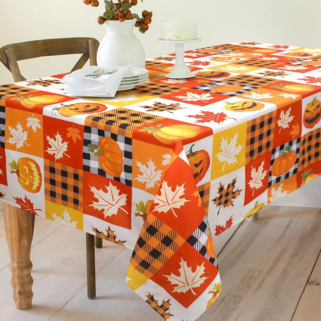 Fall Maple Leaves Pumpkin Checkered Waterproof Tablecloth Table Decor Reusable Kitchen Dining Tablecloth Halloween Decorations