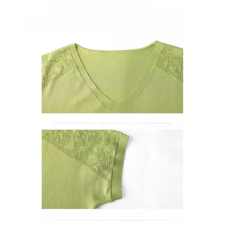 Women's Knitted T-shirt V-neck Summer New Short Loose Base Shirt Thin Ice Silk Knitted Top