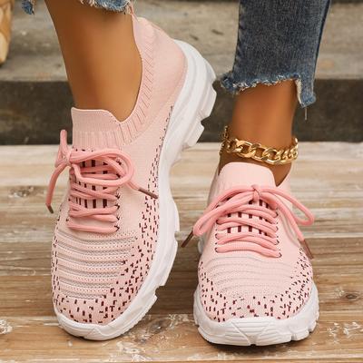 Moda Rosa Tricô Plataforma Tênis para Mulheres 2024 Primavera Malha Respirável Esportes Sapatos Mulher Antiderrapante Sola Grossa Tênis de Corrida