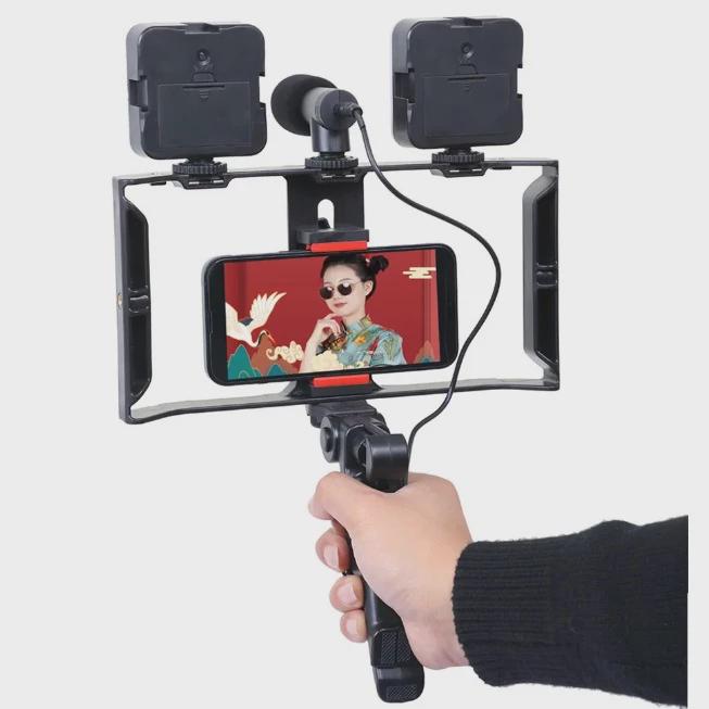 Mobile Phone Stabilizer & Photography Cage with Extension, Microphone Mount, and Fill Light