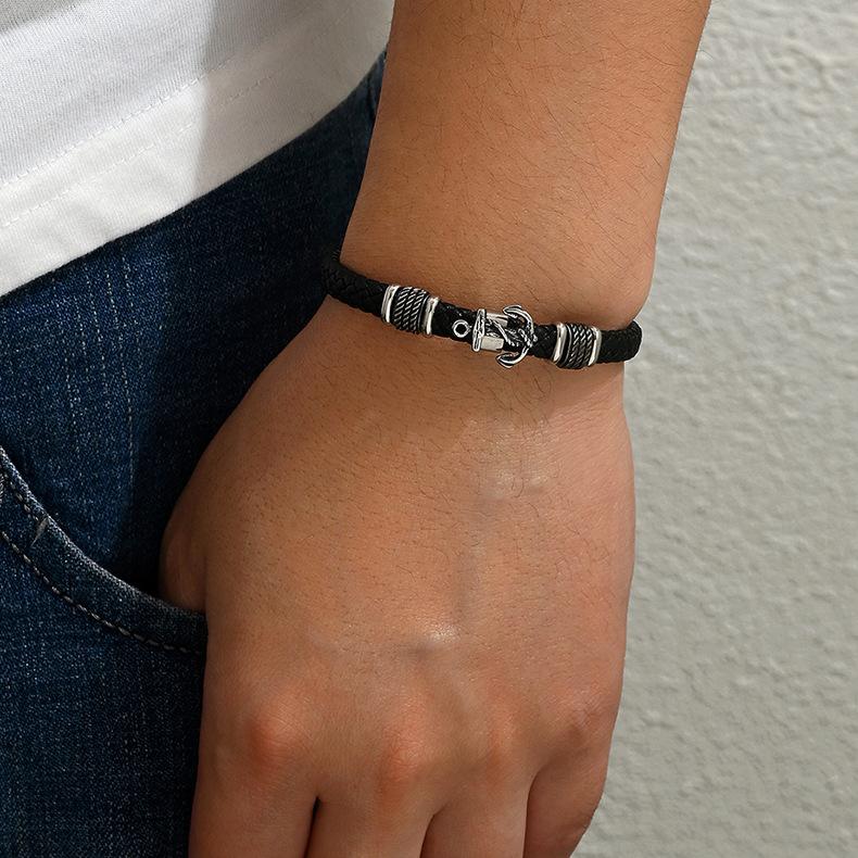 Mens Bracelet with Anchor Retro Weaving Leather Bracelets Personalized Stainless Steel Korean Anti Tarnish Jewellery ALN25123240