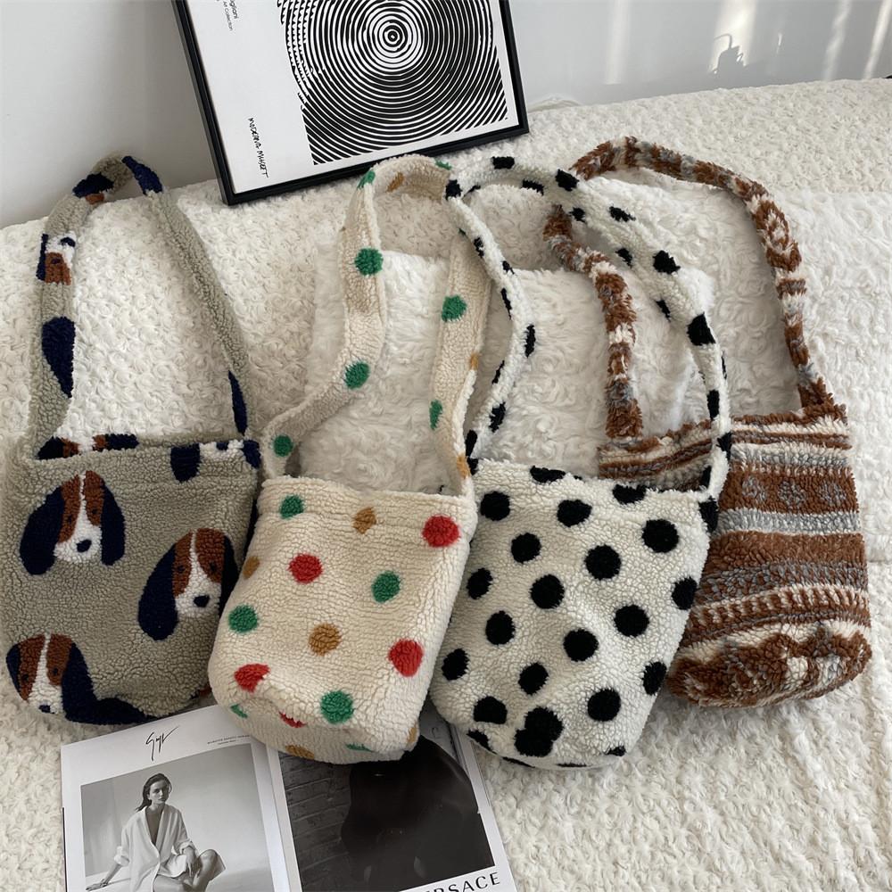 Colorful Polka Dot Plush Bucket Bag Soft And Spacious Shopping Tote For Daily Use