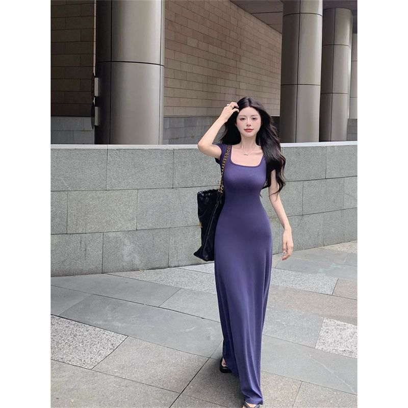 Fashion and Foreign Style Spice Girl Square Neck Short-sleeved Dress Women's Summer New Slim and Thin Solid Color a Word Medium and Long Skirt