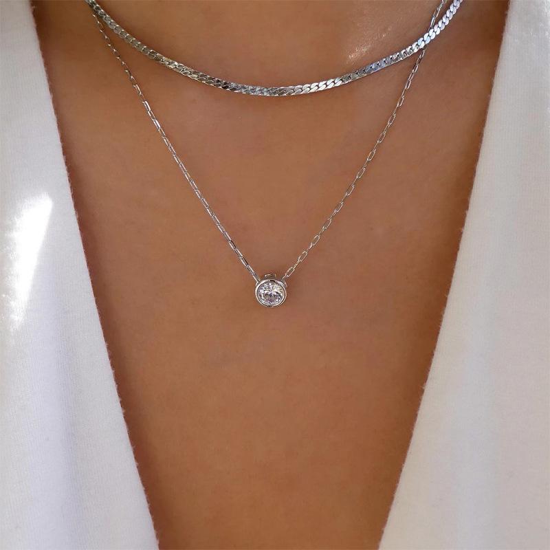 

European & American Silver-Plated Snake Chain Crystal Pendant Necklace - Double-Layer Sweater & Clavicle Chain for Women
