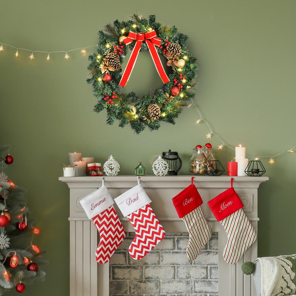 60cm Pre-Lit Artificial Christmas Door Wreath Holly LED Decor Pine Cones Hanging Glittered Festival Indoor Decoration